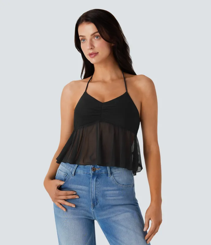 Halara Top sin mangas cuello halter sin espalda fruncido malla dobladillo volante - Black - XS sold by Halara