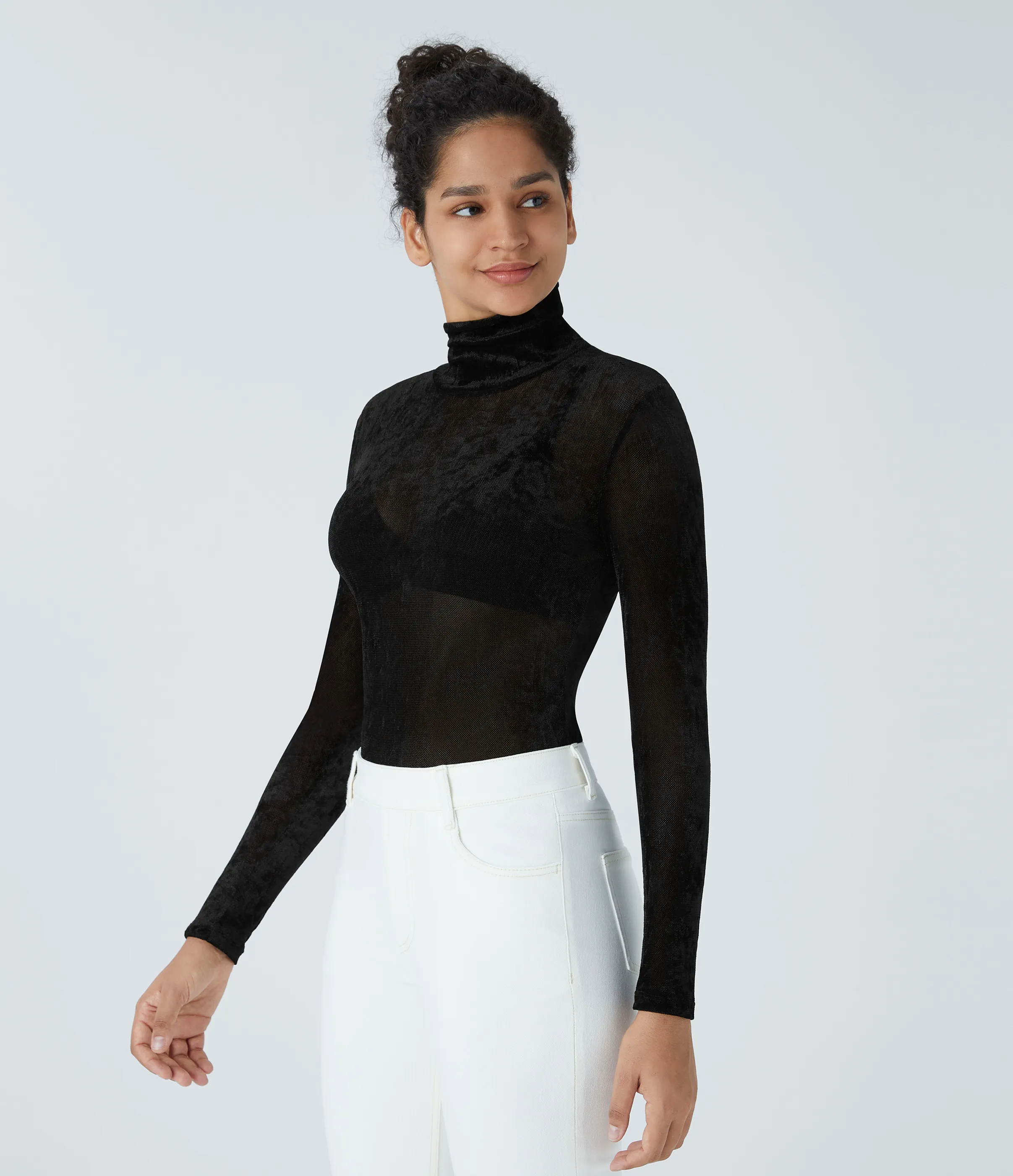 Halara Top terciopelo manga larga cuello alto transparente - Black - XS sold by Halara