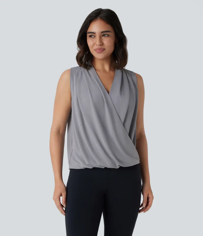 Halara Blusa oficina cruzada sin mangas botón cuello V - Ultimate Gray - XS sold by Halara