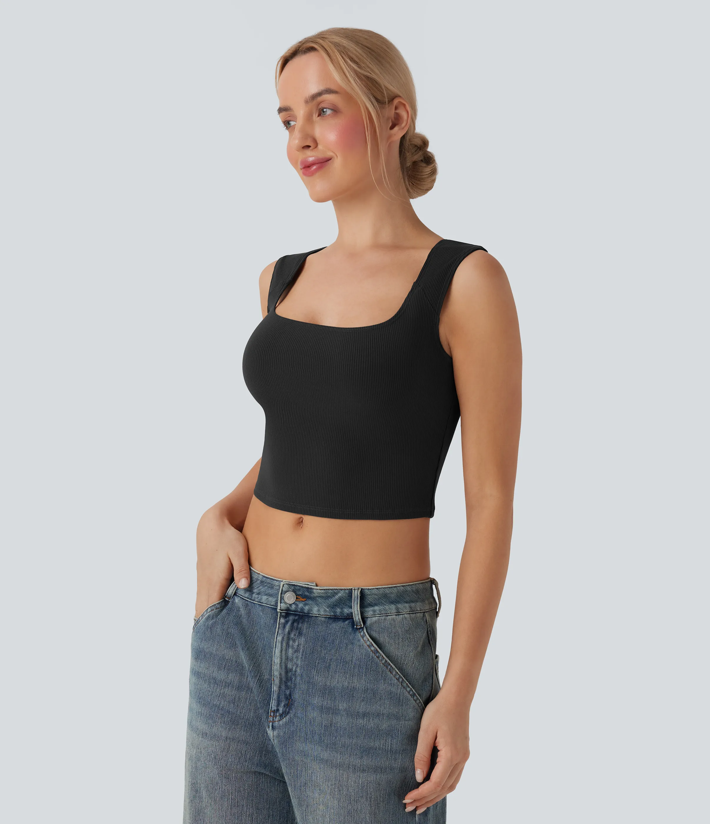 Halara Camiseta corta sin mangas SoftlyZero™ casual con cuello en U y canalé - Black - XL sold by Halara product image thumbnail 4