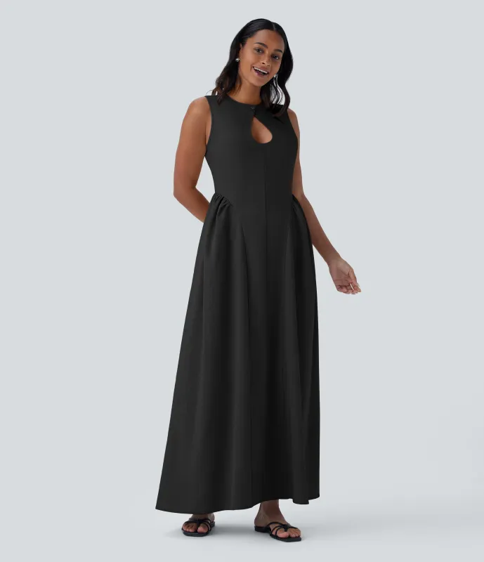 Halara Vestido largo resort cuello redondo botón abertura sin mangas cremallera invisible - Black - S sold by Halara