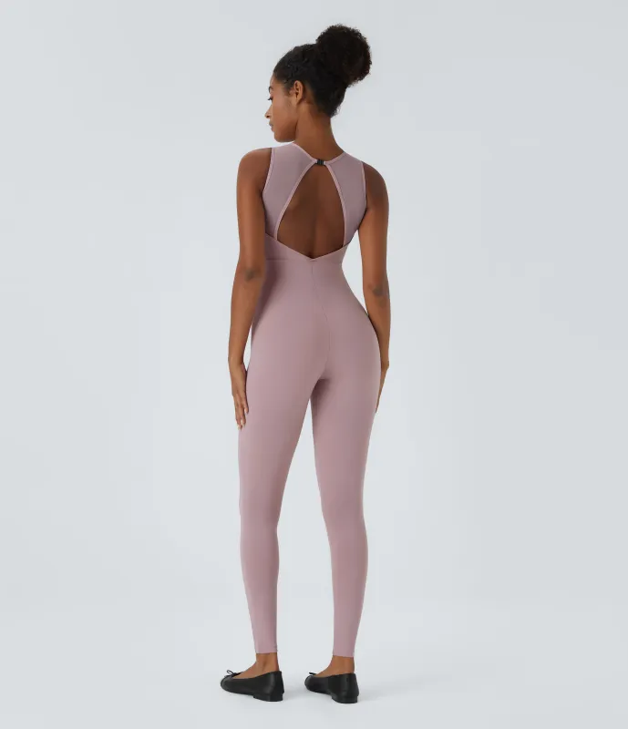 Halara Mono baile malla contrastante sin manga cuello redondo sin espalda - Dusty Purple - M sold by Halara