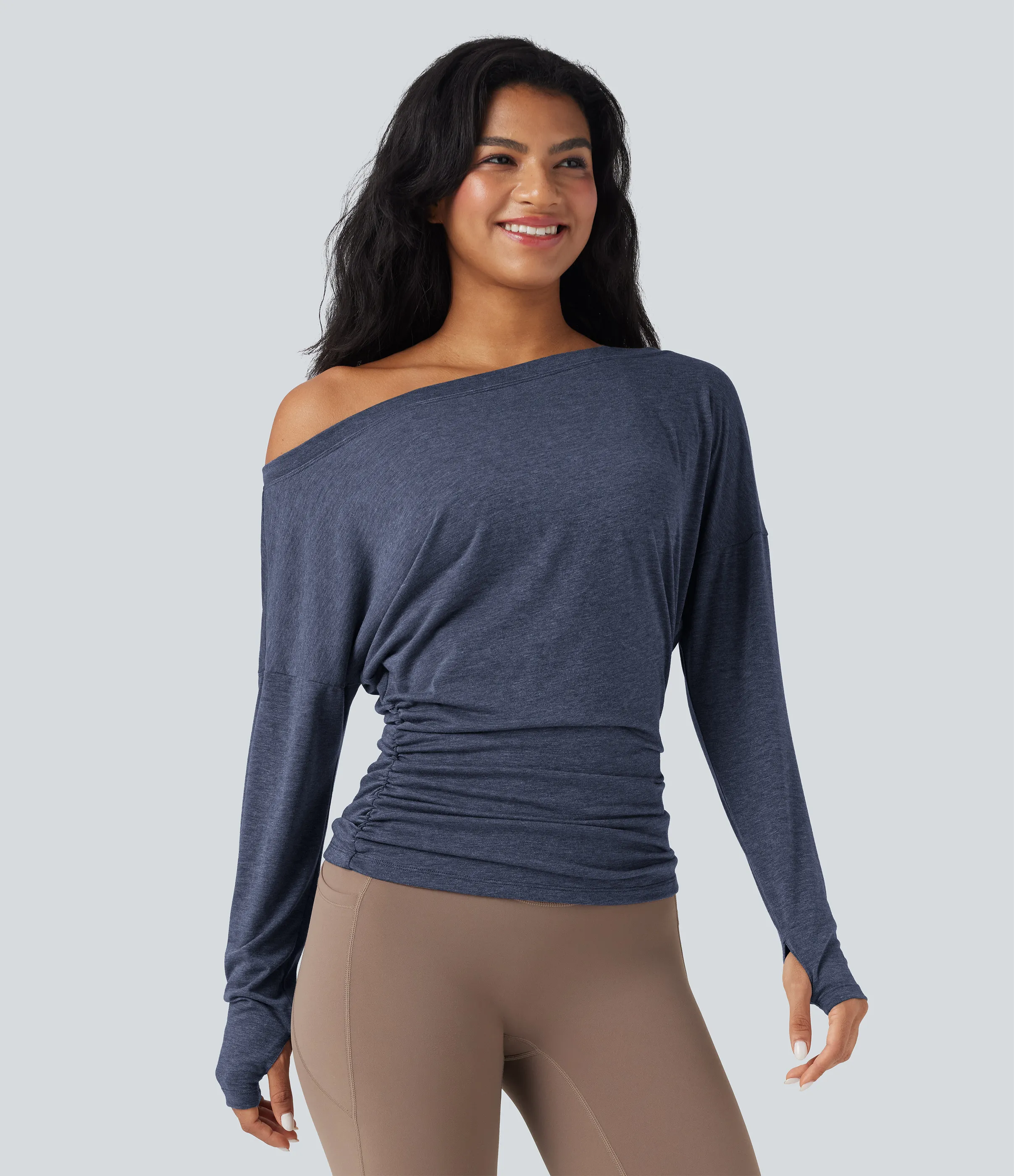 Halara Top deportivo de yoga fruncido con manga larga y un solo hombro con abertura para el pulgar - Smoked Blue Floral Yarn - XS sold by Halara product image thumbnail 2