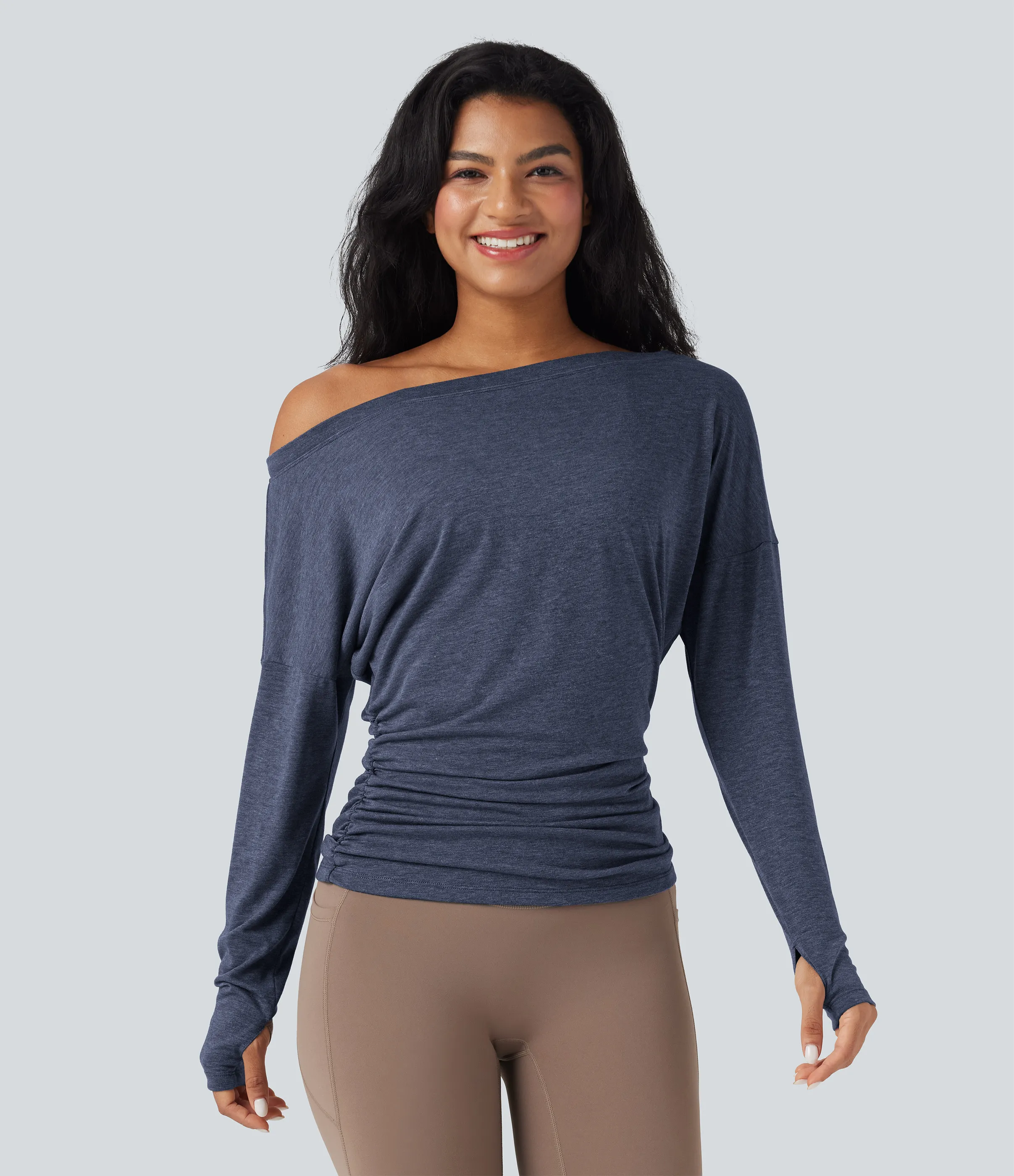 Halara Top deportivo de yoga fruncido con manga larga y un solo hombro con abertura para el pulgar - Smoked Blue Floral Yarn - XS sold by Halara product image thumbnail 4