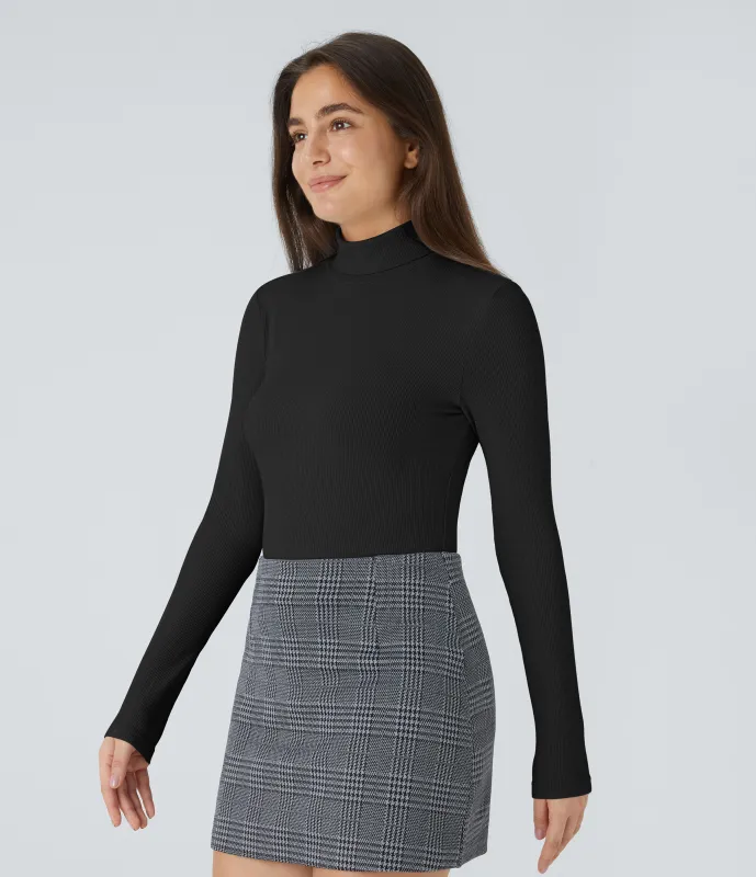 Halara Body oficina acanalado cuello alto manga larga botón - Black - S sold by Halara