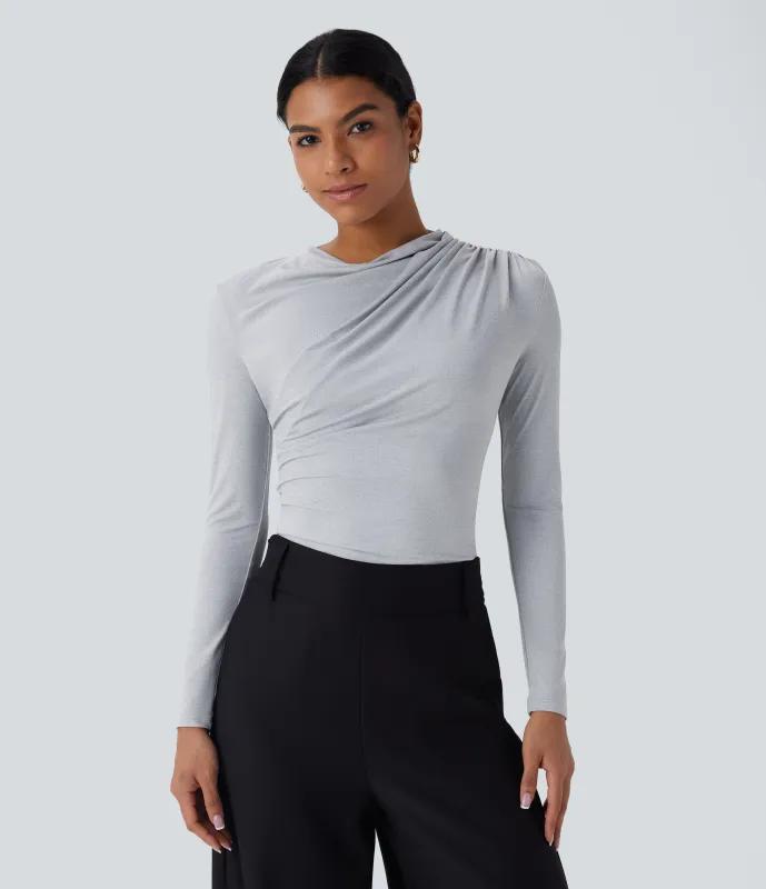 Halara Blusa oficina ajustada manga larga fruncida cuello vuelto - Mottled Grey - L sold by Halara