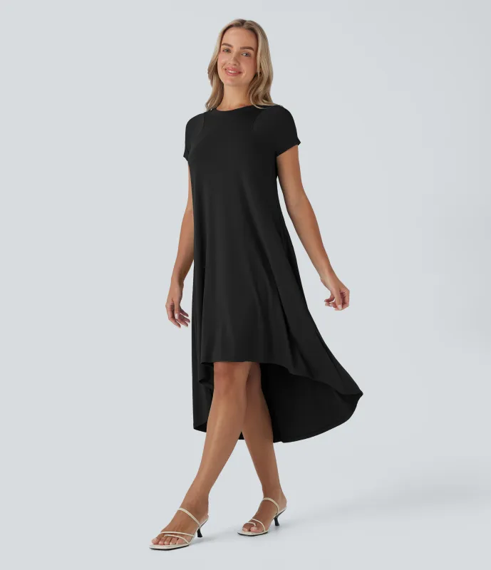 Halara Vestido midi fluido cuello redondo manga corta bolsillo lateral - Black - S sold by Halara