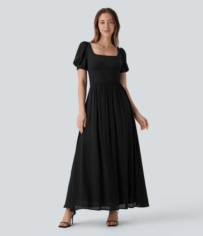 Halara Vestido maxi largo resort fluido cuello cuadrado manga abullonada tiro ceñido cordón - Black - L sold by Halara