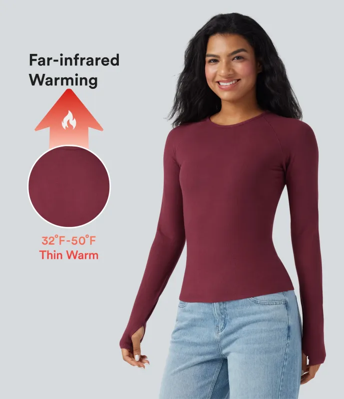 Halara Top casual ajustado de cuello redondo y manga larga con agujeros para los pulgares - Cordovan - S sold by Halara