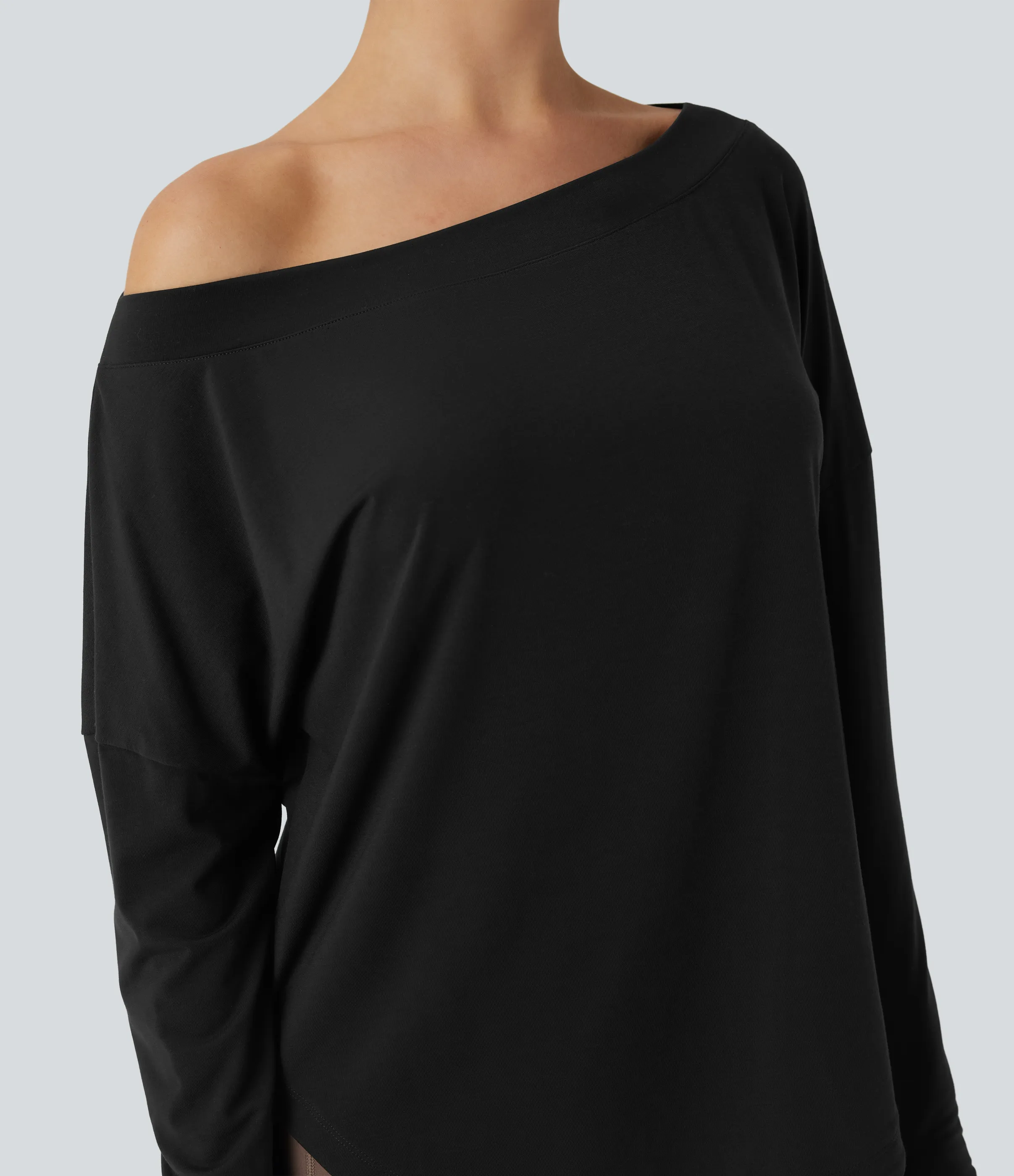 Halara Top deportivo de yoga de secado rápido de manga larga con hombro asimétrico, dobladillo curvo y abertura para el pulgar - Black - XL sold by Halara product image thumbnail 5