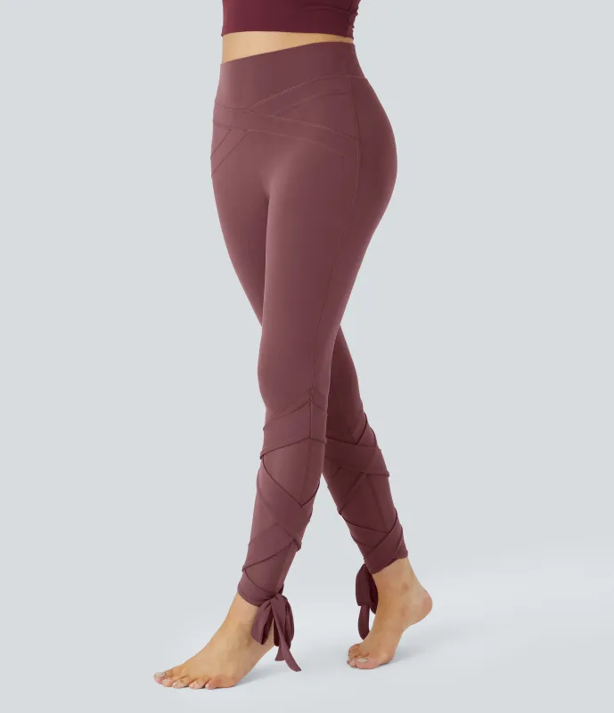 Halara Leggings yoga Softlyzero™ 7/8 cordón cruzado malla contrastante tiro alto - Red Mahogany - M(7/8) made by Halara