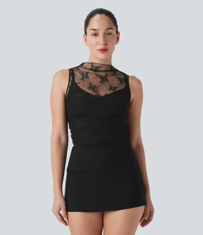 Halara Top casual corto fruncido sin mangas con cuello alto y encaje transparente - Black - XS sold by Halara