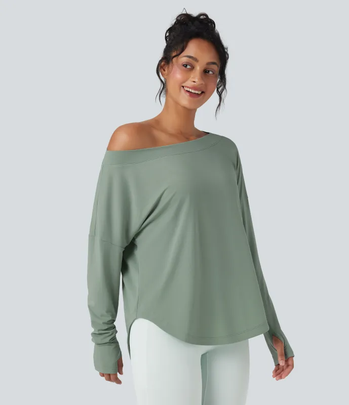 Halara Top deportivo de yoga de secado rápido de manga larga con hombro asimétrico, dobladillo curvo y abertura para el pulgar - Iceberg Green - S sold by Halara