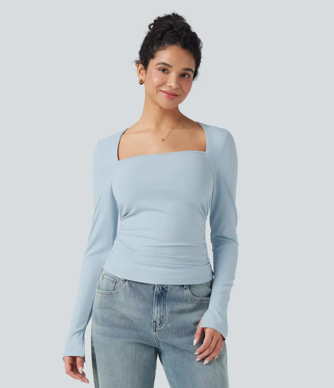 Halara Top casual ajustado con cuello cuadrado de manga larga y fruncido - Illusion Blue - XS sold by Halara
