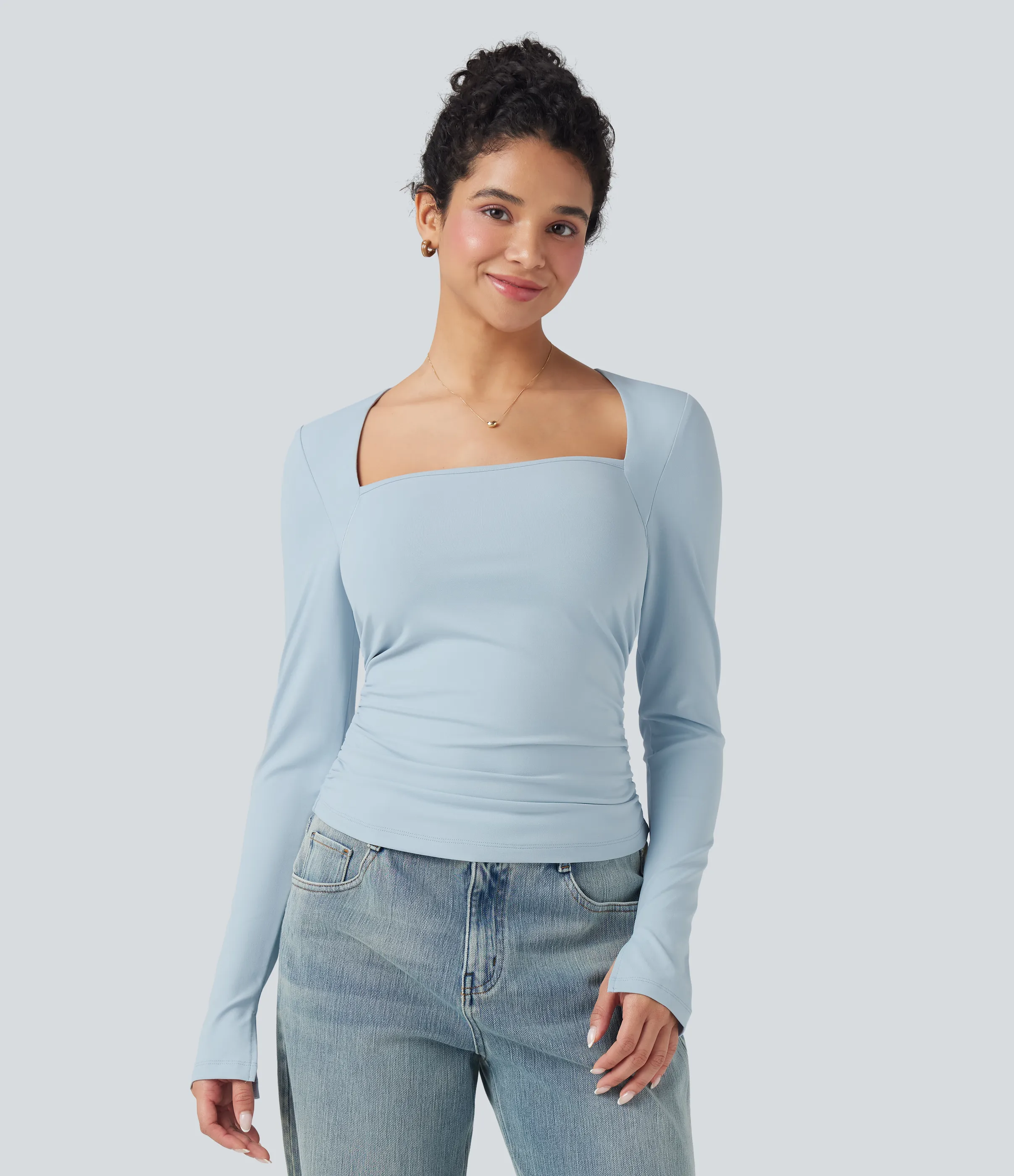 Halara Top casual ajustado con cuello cuadrado de manga larga y fruncido - Illusion Blue - XS sold by Halara
