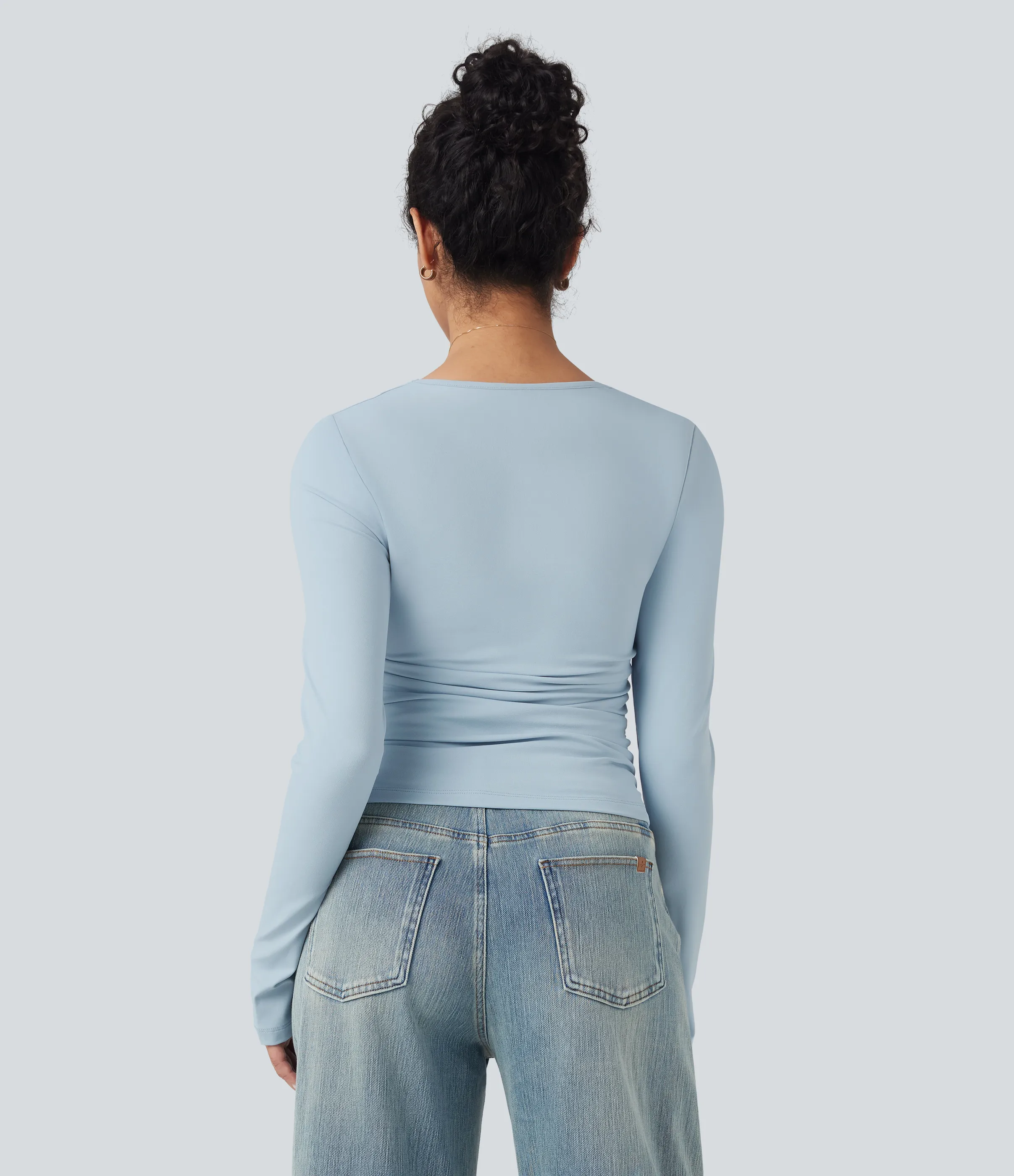 Halara Top casual ajustado con cuello cuadrado de manga larga y fruncido - Illusion Blue - XS sold by Halara product image thumbnail 3