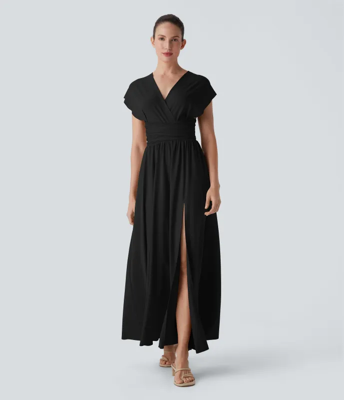 Halara Vestido de fiesta largo con escote en V de manga corta con abertura entrecruzada y lazo en la espalda y bolsillo lateral - Black - XS made by Halara