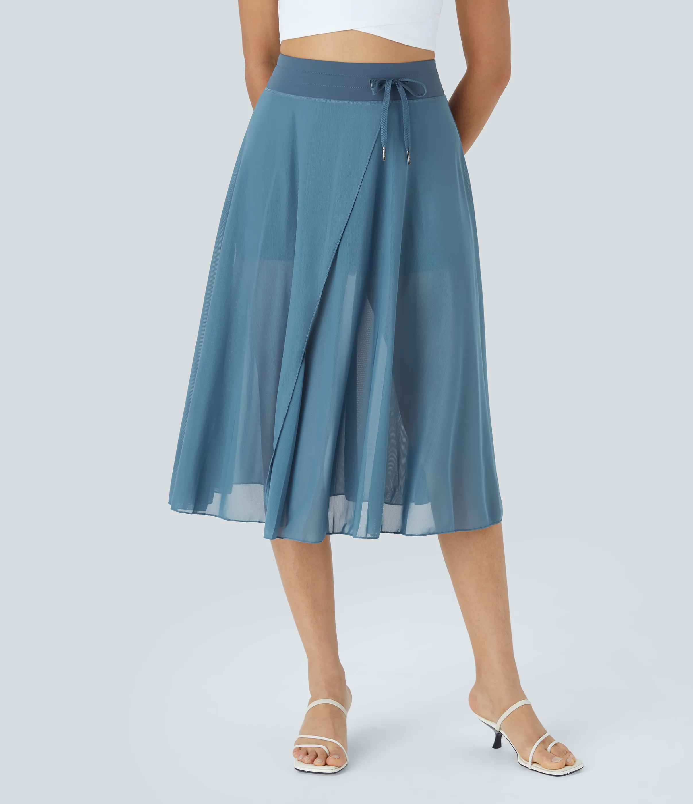 Halara Falda midi casual 2 en 1 acampanada con bolsillo lateral de tiro alto con cordón y malla en contraste - Provincial Blue - M sold by Halara product image thumbnail 4