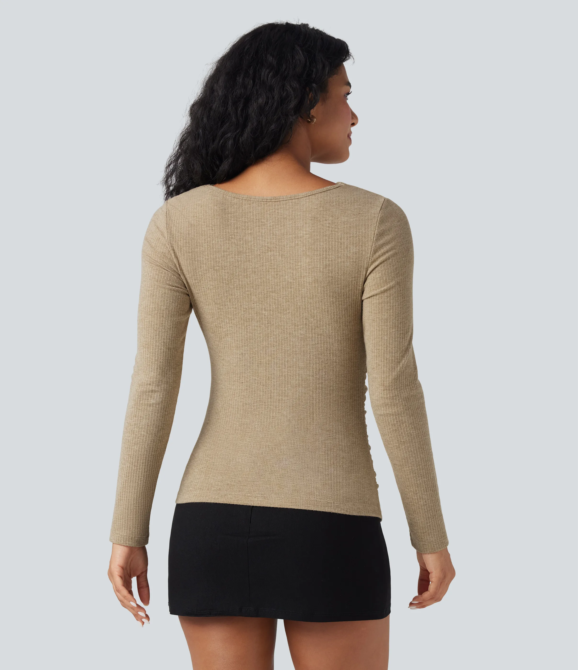 Halara Top casual fruncido de manga larga con cuello vuelto y punto acanalado - Cornstalk - L sold by Halara product image thumbnail 3