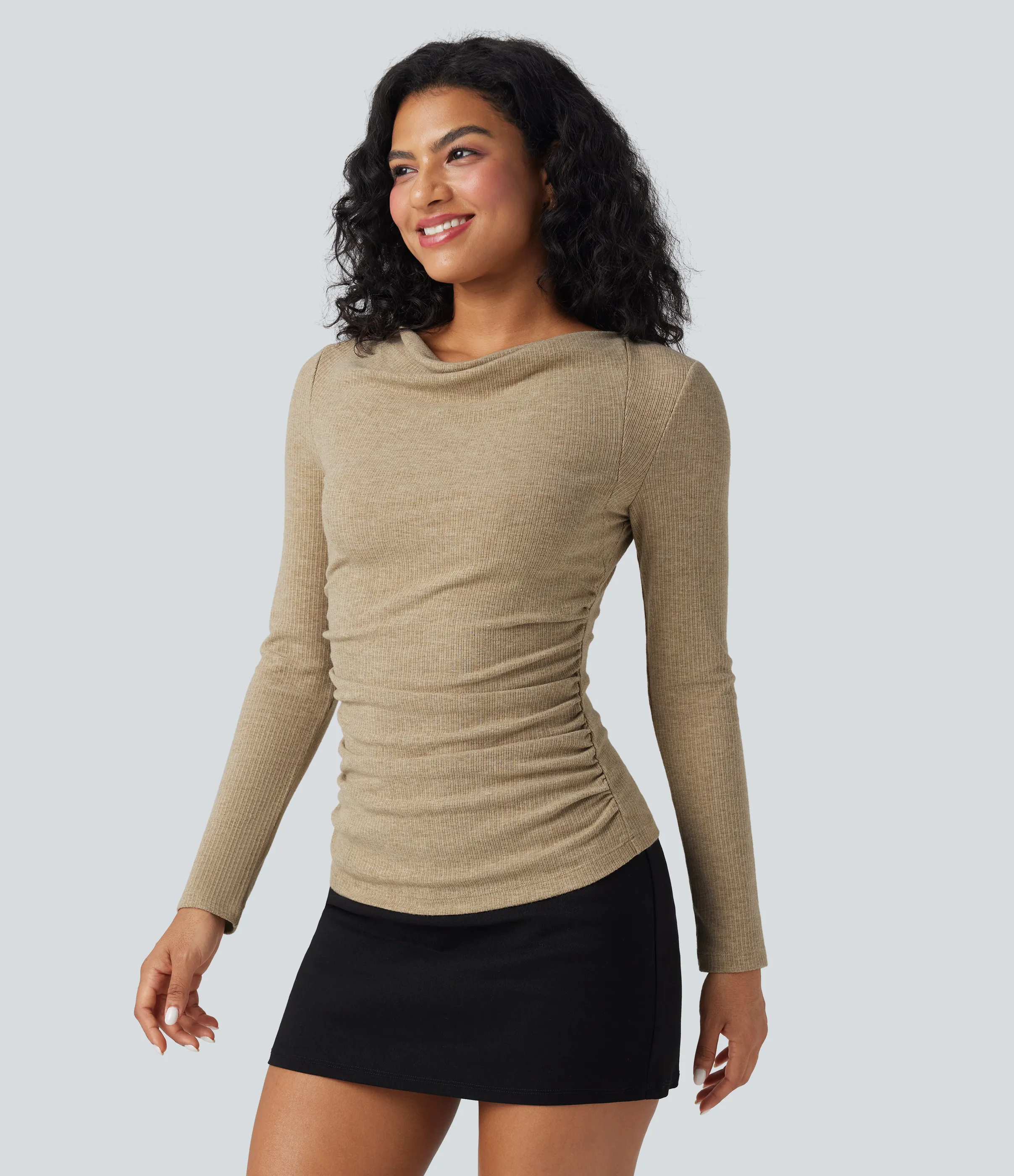 Halara Top casual fruncido de manga larga con cuello vuelto y punto acanalado - Cornstalk - L sold by Halara product image thumbnail 4