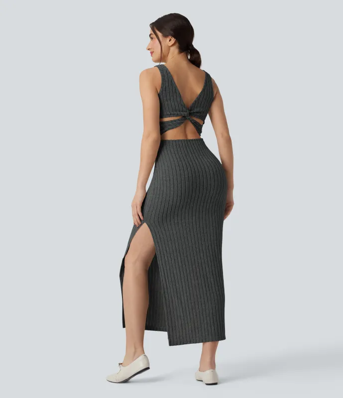 Halara Vestido largo casual ajustado con escote cuadrado sin mangas y espalda torcida con abertura en el bajo - Mottled Dark Gray - S sold by Halara