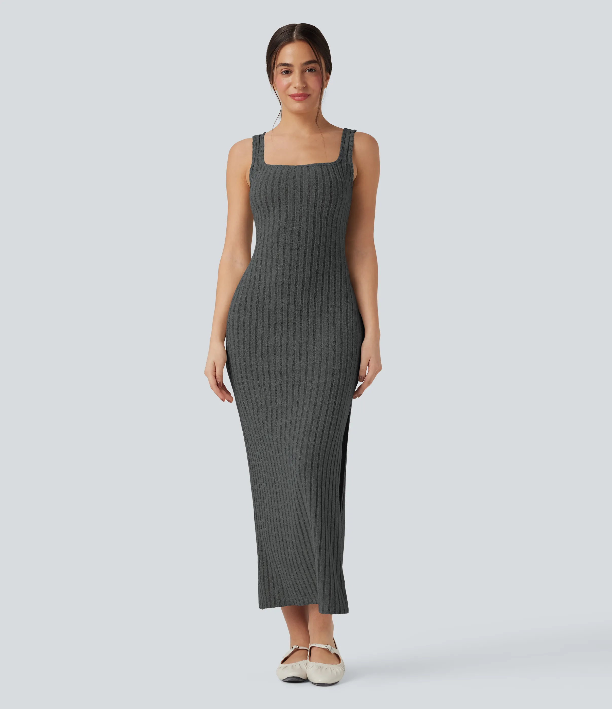 Halara Vestido largo casual ajustado con escote cuadrado sin mangas y espalda torcida con abertura en el bajo - Mottled Dark Gray - S sold by Halara product image thumbnail 3