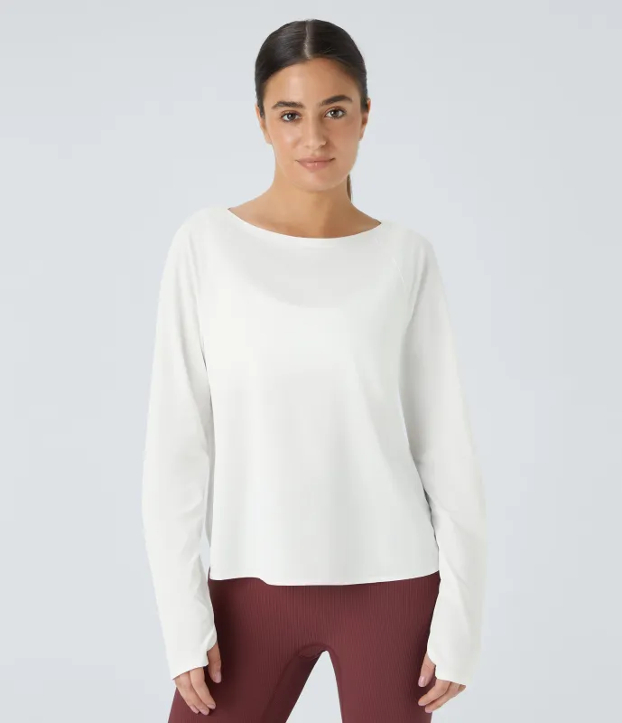 Halara Top deportivo senderismo cuello redondo manga raglán abertura pulgar dobladillo dividido curvo - White - M sold by Halara