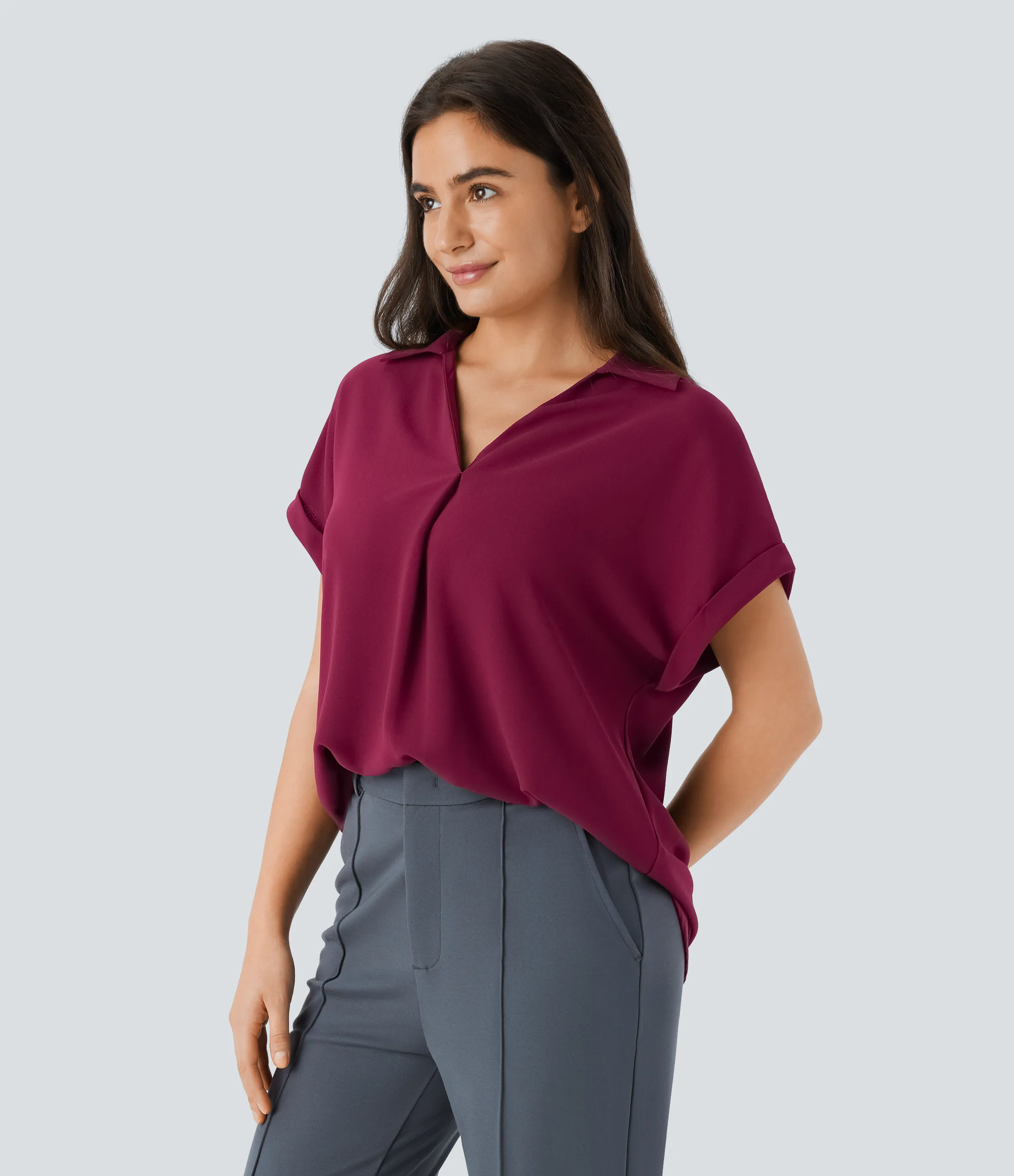 Halara Camisa oficina cuello V manga corta dobladillo curvo - Beet Red - L sold by Halara product image thumbnail 4