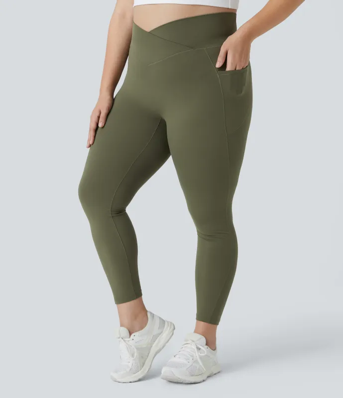 Halara Leggings Softlyzero™ largo tiro alto bolsillo lateral cruzado liso talla grande - Grass Grey Green - 1X made by Halara