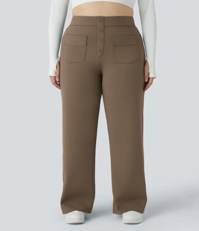 Halara Pantalón tiro alto botón múltiple bolsillo pierna recta talla grande - Sepia - 2X sold by Halara