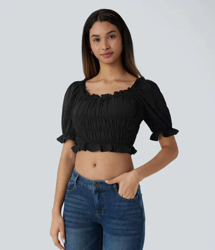 Halara Blusa corta cuello U manga abullonada volante fruncido - Black - XS sold by Halara