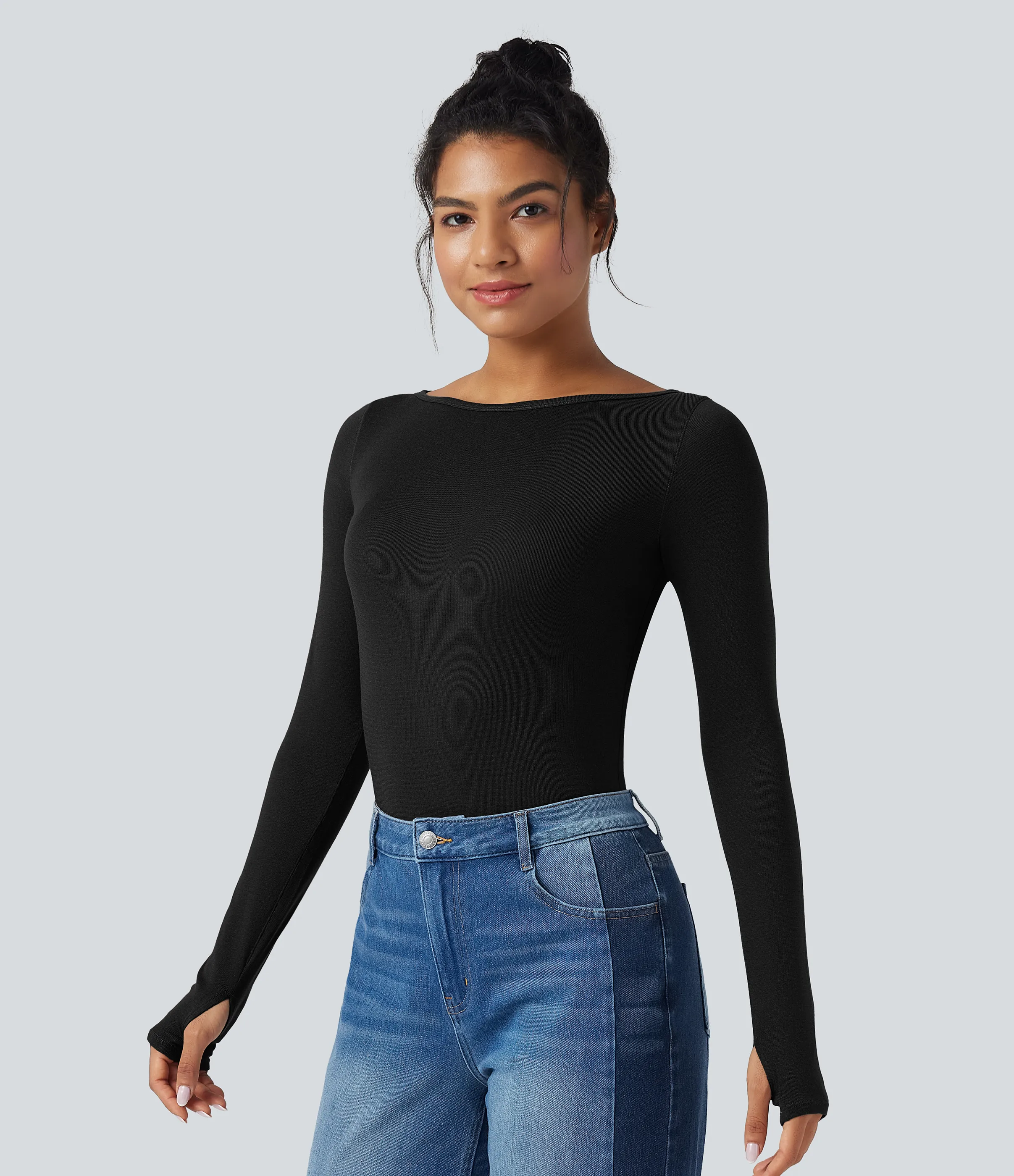 Halara Top casual de lana con cuello barco de manga larga y abertura para el pulgar - Black - S sold by Halara product image thumbnail 4