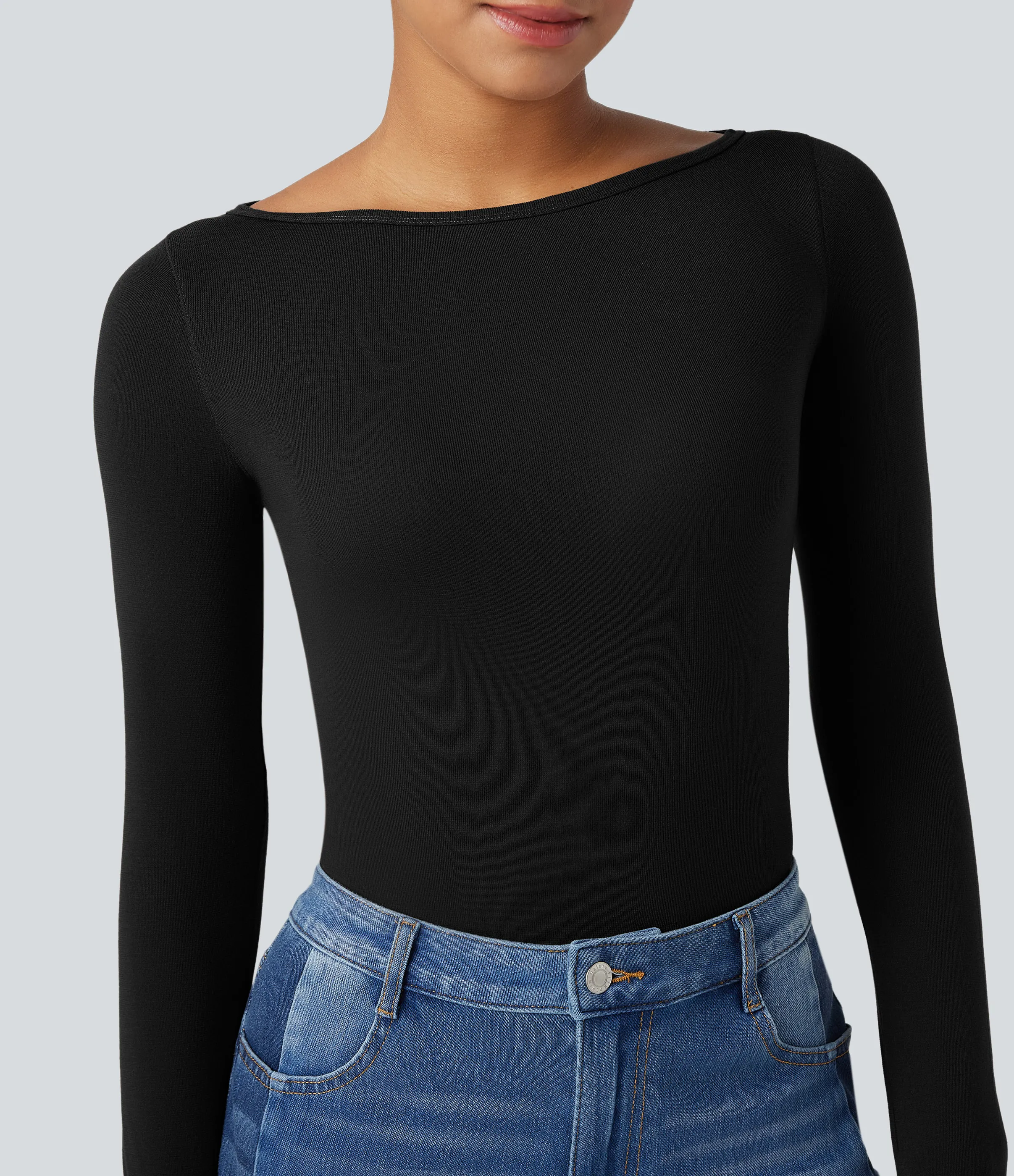 Halara Top casual de lana con cuello barco de manga larga y abertura para el pulgar - Black - S sold by Halara product image thumbnail 5