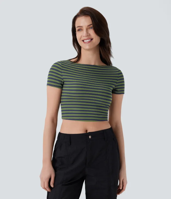 Halara Camiseta oficina cuello barco rayas corte ajustado gofre - Matcha Blue Horizontal Stripe - L sold by Halara