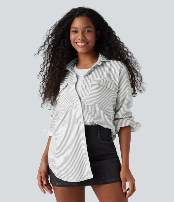 Halara Camisa casual de manga larga a rayas con dobladillo curvo - Mist Grey Stripe - S sold by Halara