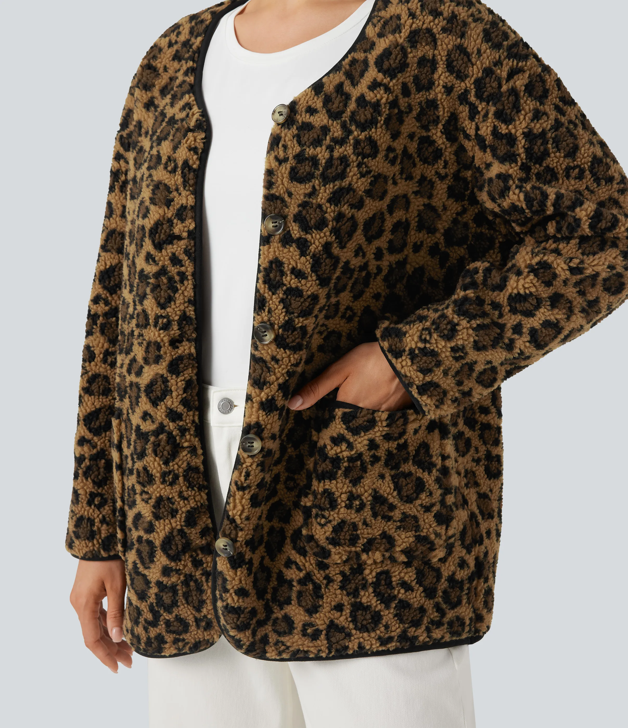 Halara Chamarra casual de sherpa con estampado de leopardo y bolsillos - Amber Leopard - M sold by Halara product image thumbnail 5
