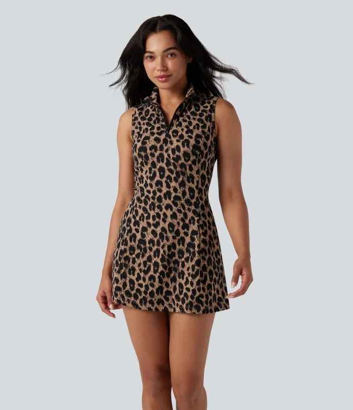 Halara Vestido deportivo de tenis Halara UltraSculpt™ con estampado de leopardo, cuello polo, media cremallera, sin mangas y bolsillos - Toffee Leopard - XL sold by Halara