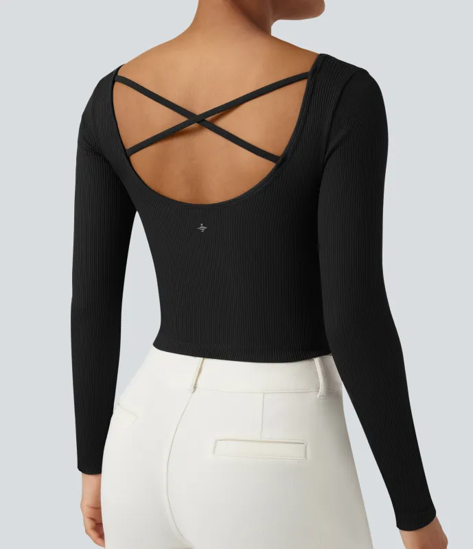 Halara Top deportivo de yoga de manga larga con cuello en U y sin costuras - Black - M sold by Halara