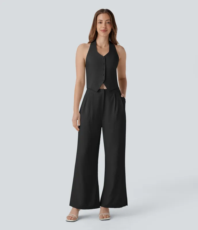 Halara Mono de oficina de pierna ancha con cuello halter botones y bolsillos - Black - S sold by Halara