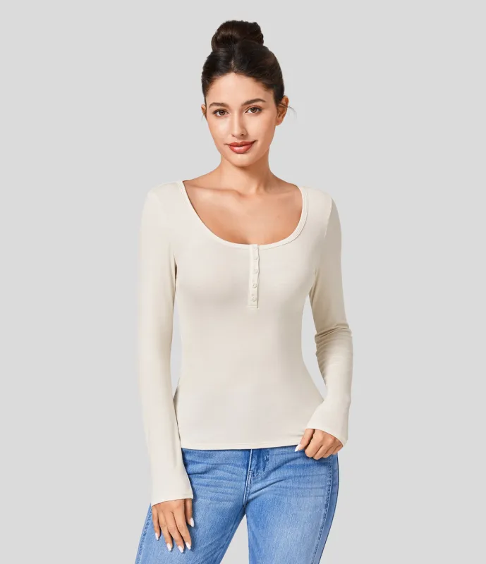 Halara Top ajustado manga larga cuello Henley acanalado - Rice Khaki - M sold by Halara