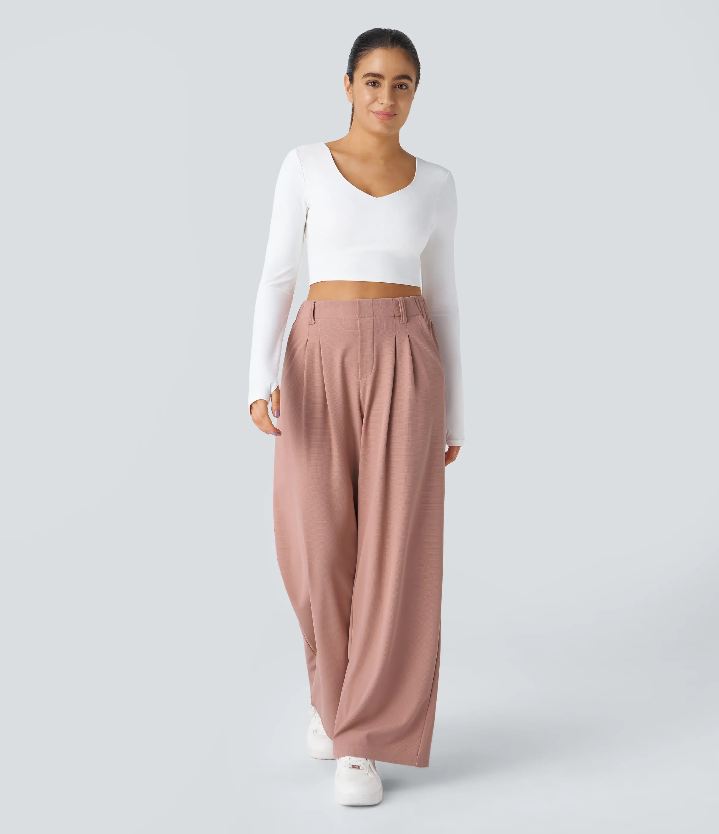 Halara Pantalones Halara Flex™ de oficina anchos plisados de tiro alto con bolsillos en tela tipo gofre - Rose Tan - L(tall) sold by Halara product image thumbnail 5