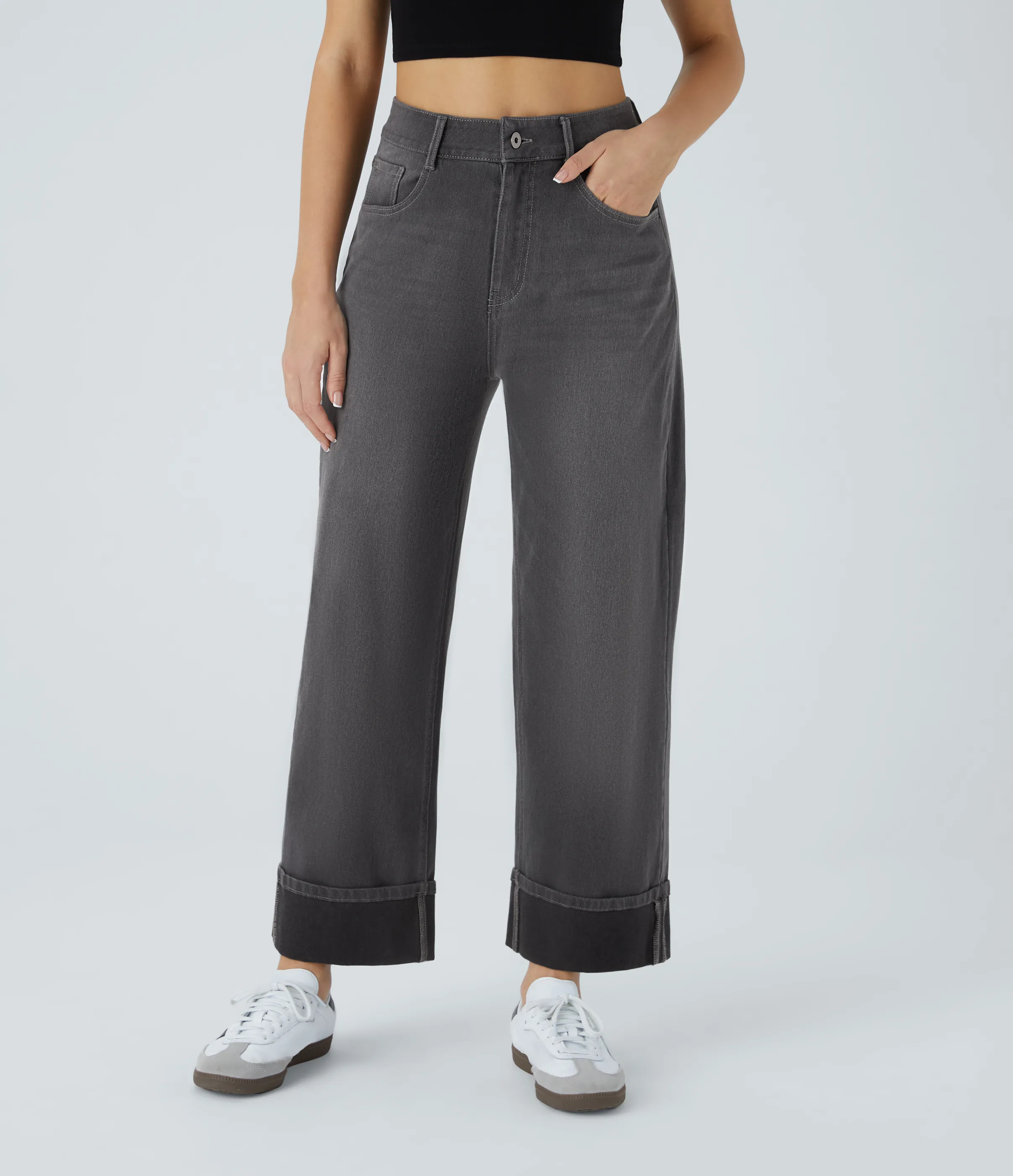 Halara Jeans casuales anchos elásticos Halara Flex™ lavados de tiro alto con varios bolsillos y dobladillo enrollado - Bright gray denim - L(tall) sold by Halara product image thumbnail 2