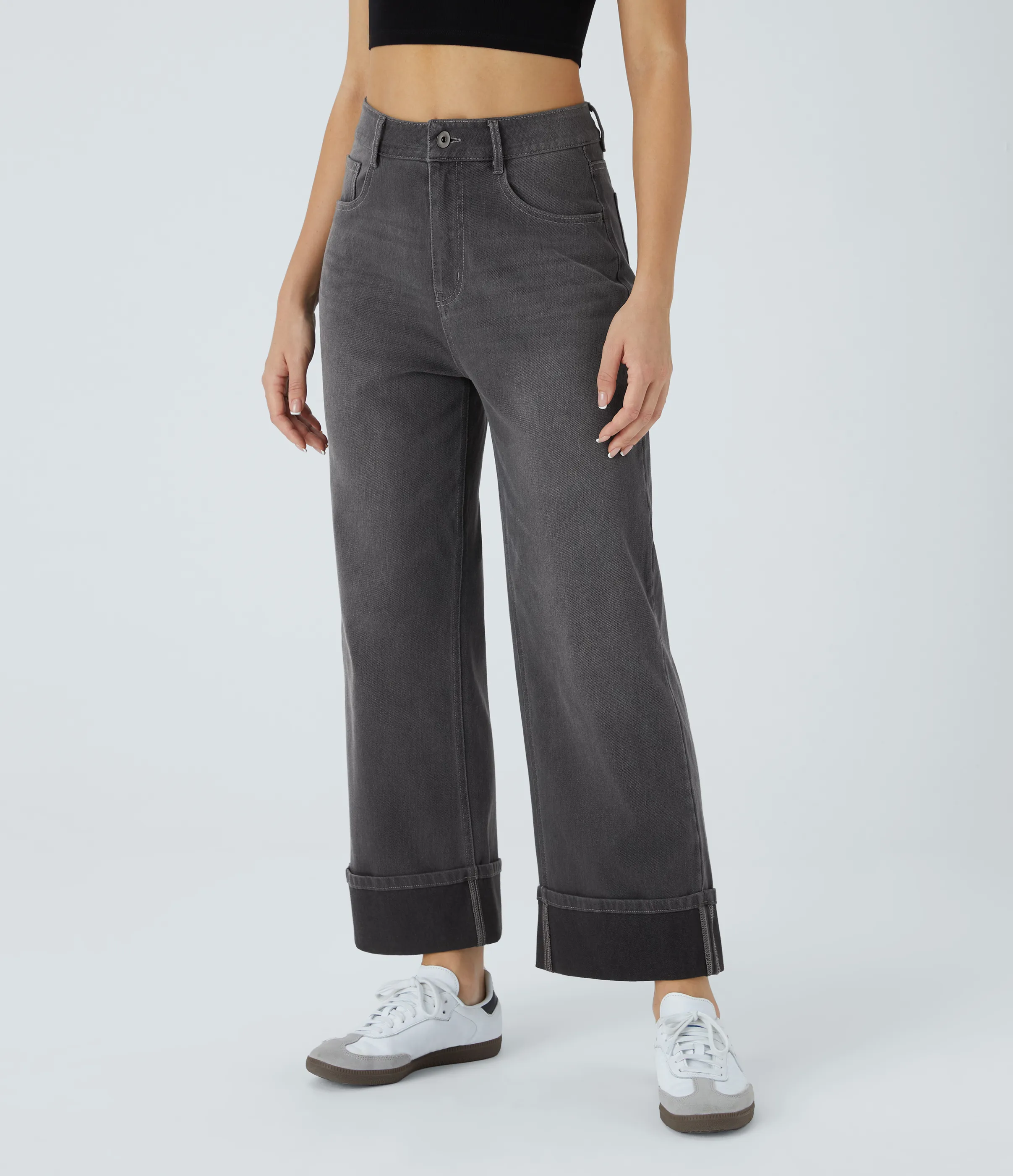 Halara Jeans casuales anchos elásticos Halara Flex™ lavados de tiro alto con varios bolsillos y dobladillo enrollado - Bright gray denim - L(tall) sold by Halara product image thumbnail 4