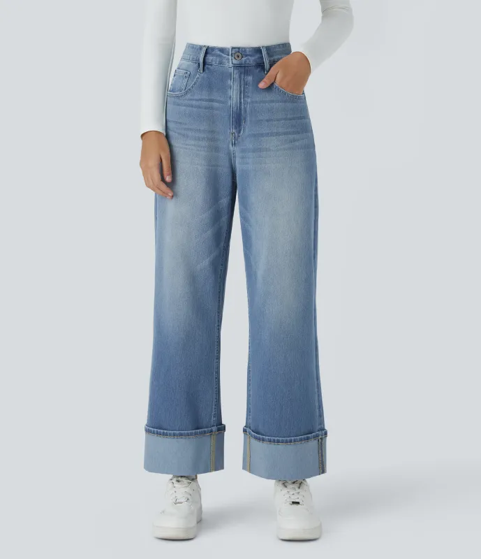 Halara Jeans casuales anchos elásticos Halara Flex™ lavados de tiro alto con varios bolsillos y dobladillo enrollado - Sea Blue Denim - S(petite) sold by Halara