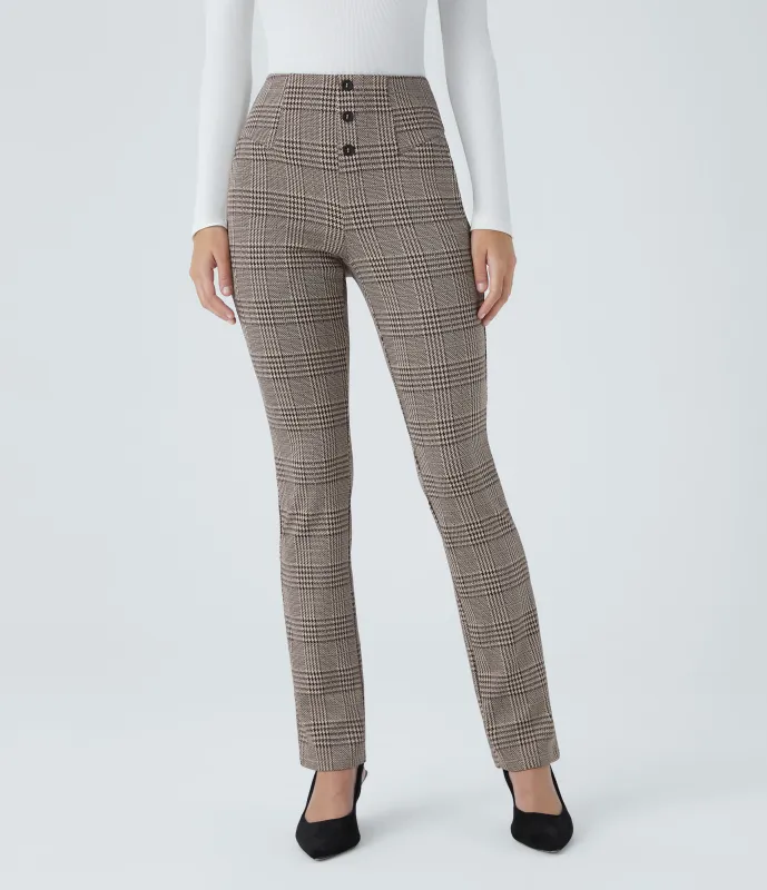Halara Pantalón Halara Flex™ oficina ajustado pata gallo bolsillo lateral botón decorativo tiro alto - Brown Houndstooth Plaid - S(petite) made by Halara