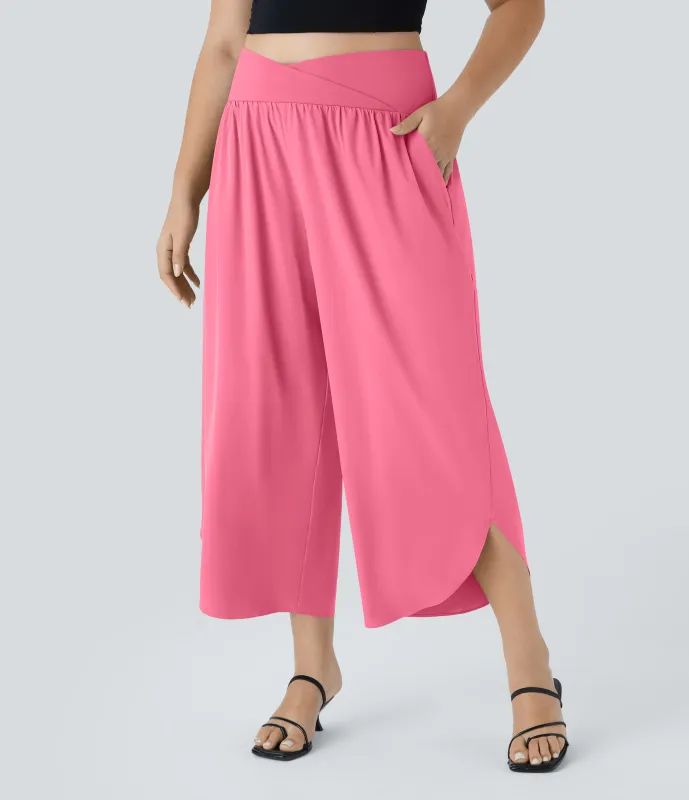 Halara Pantalón Breezeful™ talla grande tiro alto cruzado plisado bolsillo lateral dividido secado rápido - Pink Lemonade - 3X(regular) made by Halara