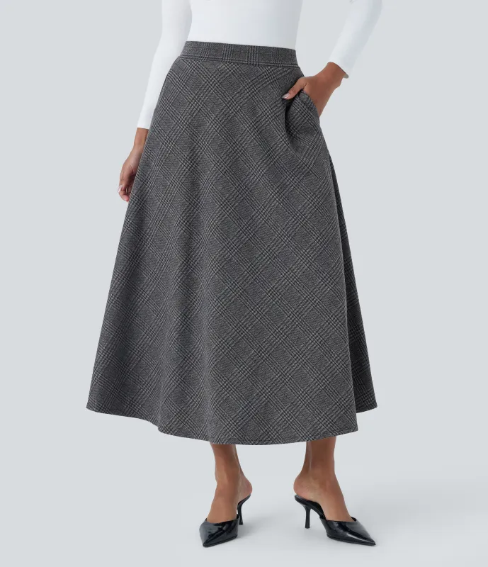 Halara Falda midi acampanada cuadro pata gallo bolsillo lateral tiro alto - Charcoal Black Houndstooth Plaid - XS(regular) sold by Halara
