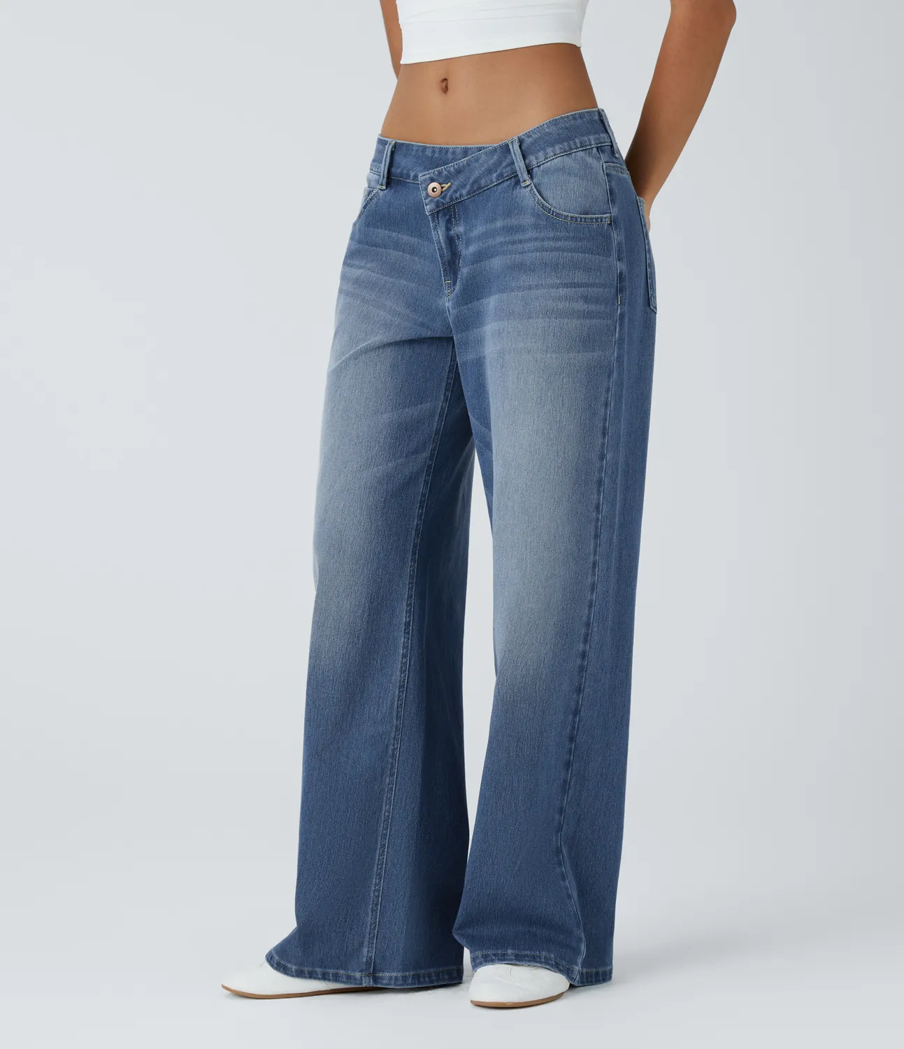 Halara Jeans Baggy Halara Flex™ Denim elástico lavado pierna ancha holgado múltiple bolsillo cierre botón tiro bajo asimétrico - Blue Spruce Denim - S(petite) sold by Halara product image thumbnail 4