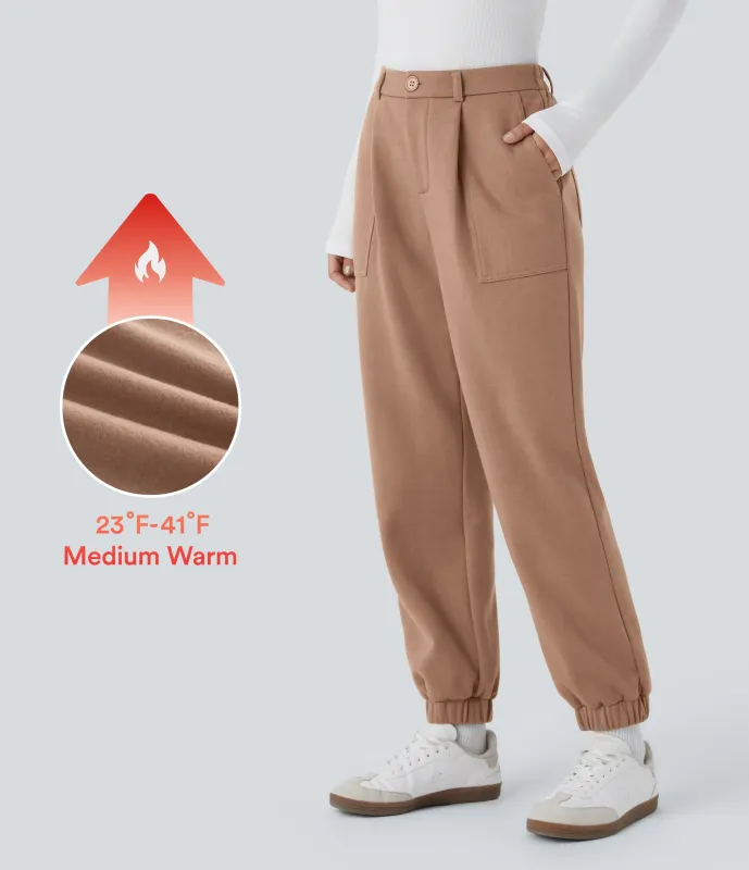 Halara Pantalón deportivo polar bolsillo lateral cremallera botón tiro alto - Mocha Mousse - L(regular) sold by Halara