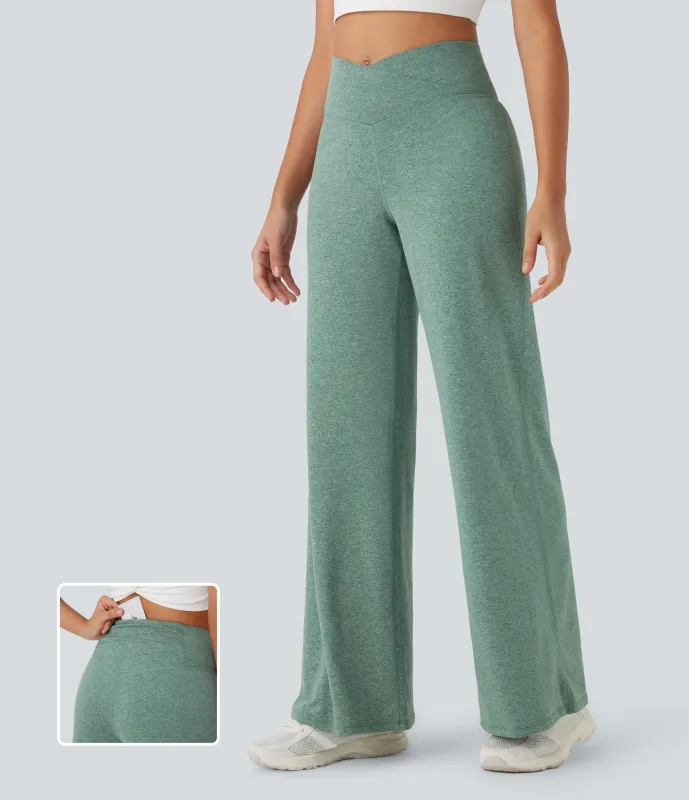 Halara Pantalones de yoga anchos de tiro alto cruzado con bolsillo trasero - Mottled Pine Green - S(regular) sold by Halara